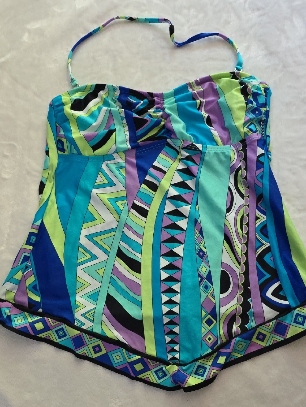 Vibrant Geometric Strapless Tankini Top - Teal, Lime, Purple
